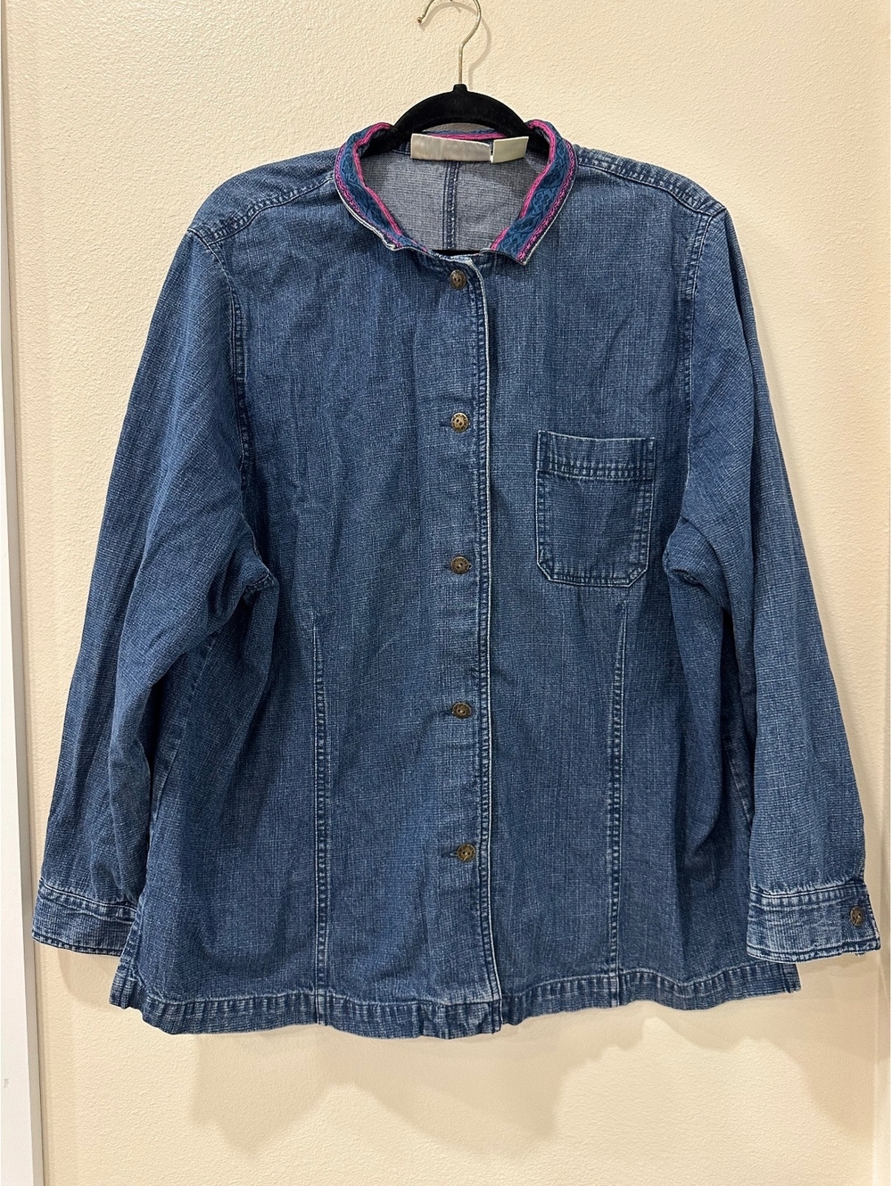 Susan Bristol Women's Denim Jacket Size 2W with Button Closure and Chest Pocket